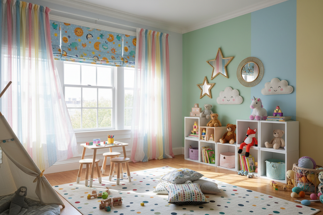 Bright and Playful Kids' Room Window Décor Ideas with Window Treatments and Mirrors