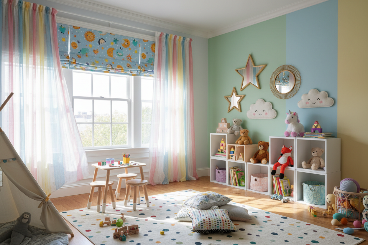 Bright and Playful Kids' Room Window Décor Ideas with Window Treatments and Mirrors