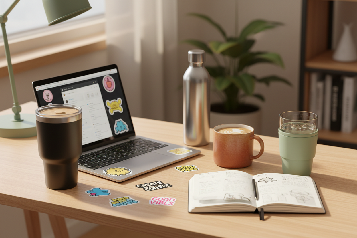 Build a Productive Workspace Beverage System With Office Desk Cups, Coffee Drinkware, and Stickers