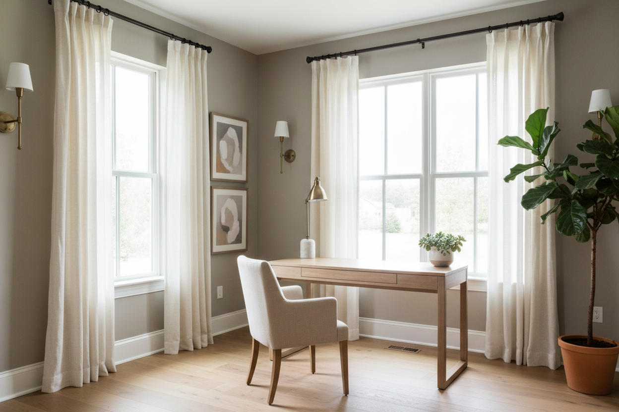 Create a Calm and Stylish Home Office with Studio Window Environment, Wall Lights, and Window Treatment Rods & Hardware