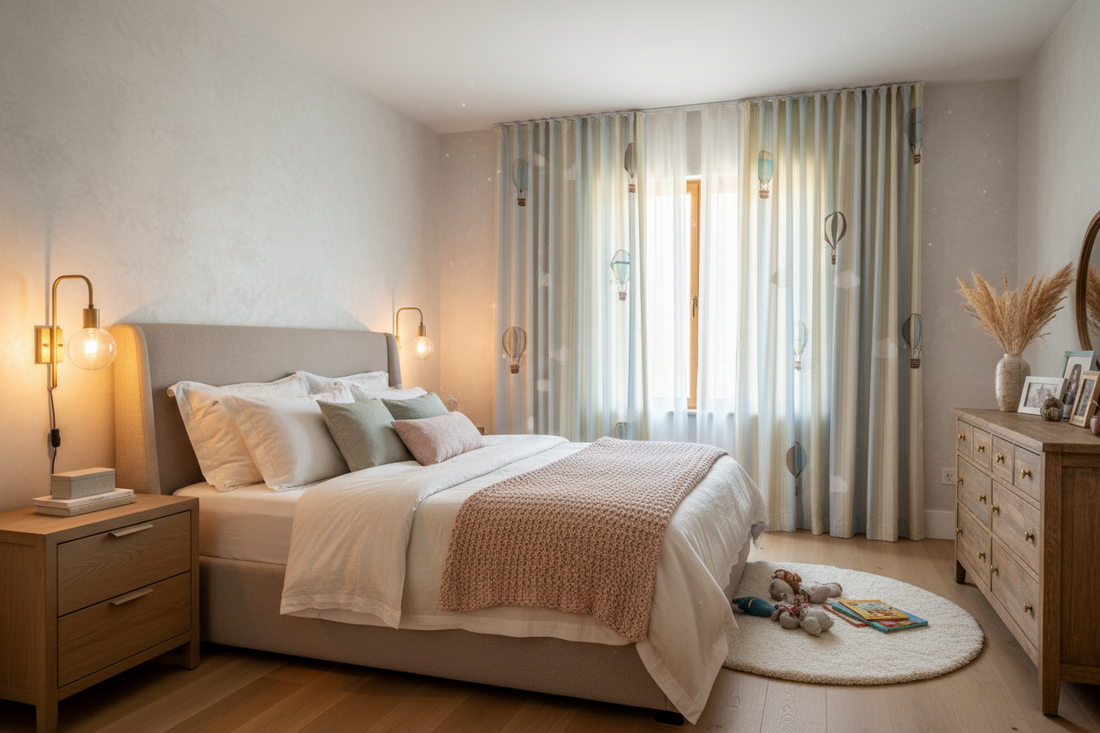 Create a Cozy Family Bedroom with Bedroom Furniture, Kids' Room Window Décor, and Wall Lights
