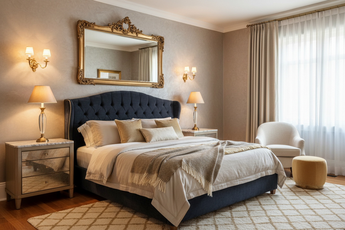 Creating a Luxurious Bedroom Retreat with Statement Mirrors, Elegant Wall Lights, and Timeless Bedroom Furniture