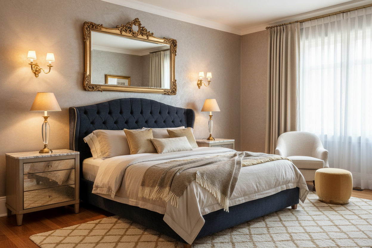 Creating a Luxurious Bedroom Retreat with Statement Mirrors, Elegant Wall Lights, and Timeless Bedroom Furniture