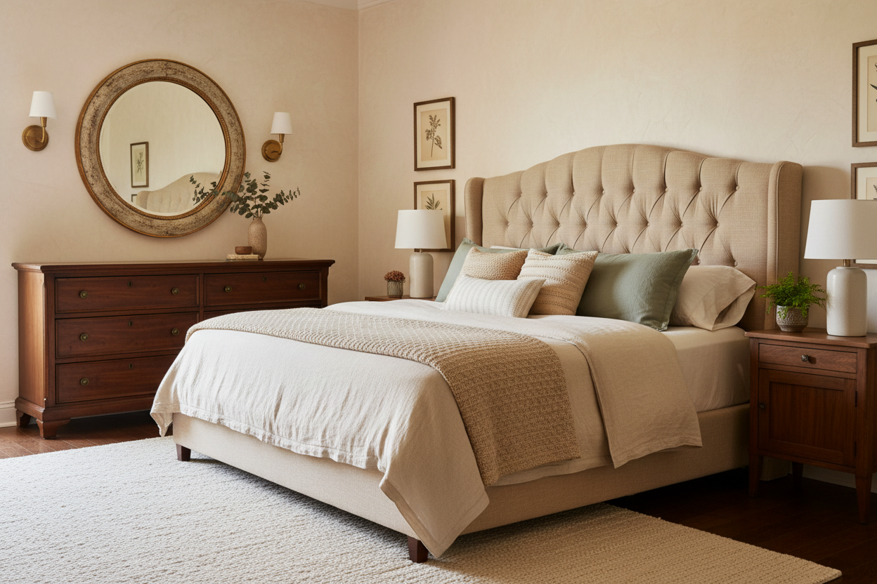 Designing a Cozy Bedroom Retreat with Mirrors, Wall Lights & Timeless Furniture