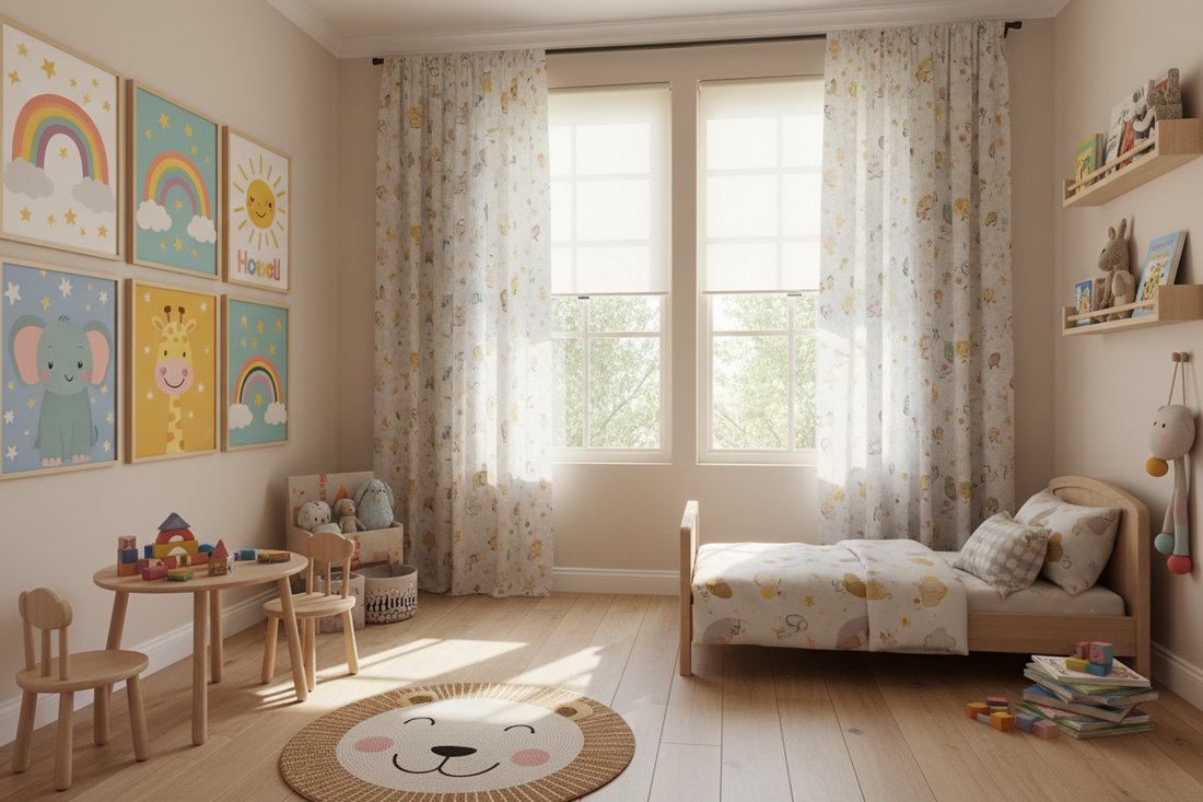 Designing a Fun and Functional Kids' Room with Creative Posters & Prints, Playful Kids' Room Window Décor, and Practical Window Treatments