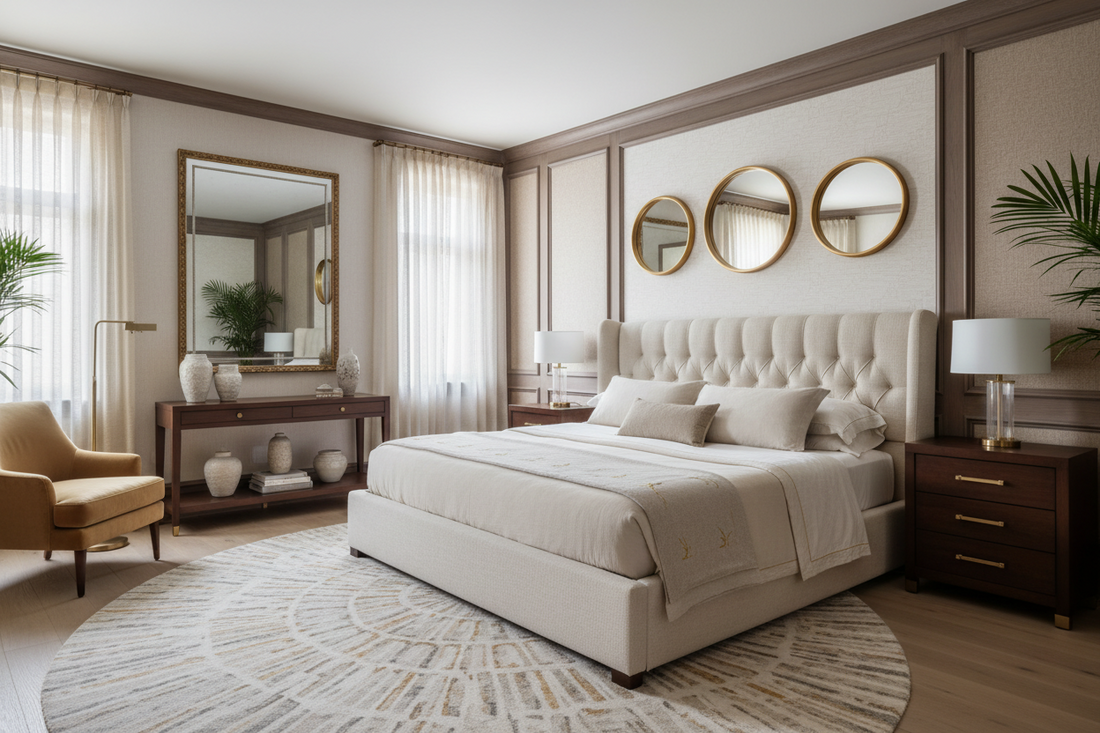 Elegant Bedroom Harmony With Mirrors, Wall Treatments, and Furniture Design