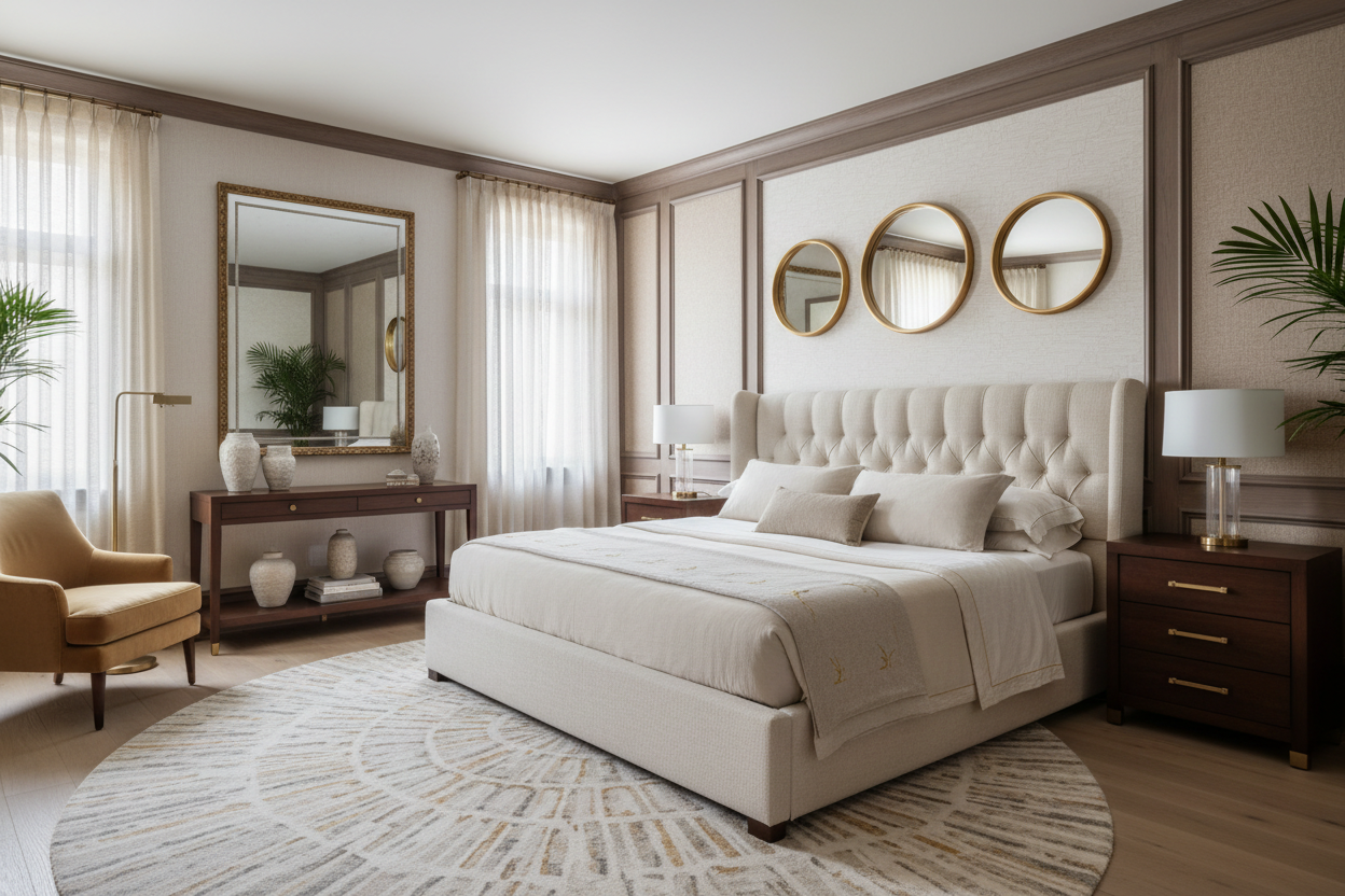 Elegant Bedroom Harmony With Mirrors, Wall Treatments, and Furniture Design