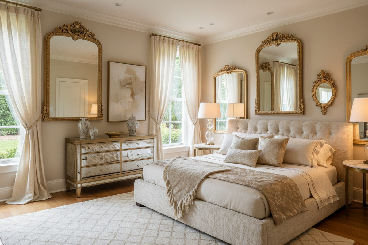 Harmonized Interior Design Using Mirrors, Window Treatments, and Bedroom Furniture