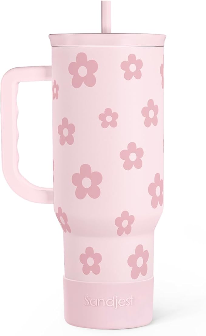 SANDJEST Floral Tumbler with Handle and Straw 40oz Stainless Sleel Slider Tumbler Travel Coffee Mug for Women - Gift Idea for Birthday Christmas