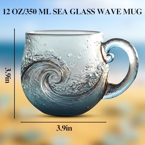 Sea Glass Wave Mug, 12 oz Handblown Ocean Wave Glass Mug Cup, Textured Sea Wave Design, Unique Glassware for Tea, Coffee, Cocktails, Beach Lovers & Gift Giving 1PCS