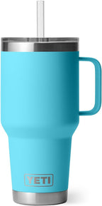 YETI Rambler 35 oz Tumbler with Handle and Straw Lid, Travel Mug Water Tumbler, Vacuum Insulated Cup with Handle, Stainless Steel, Reef Blue