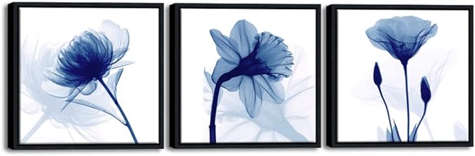 Wieco Art Framed Blue Abstract Flowers 3 Panels Canvas Prints Wall Art Modern by WiecoArt