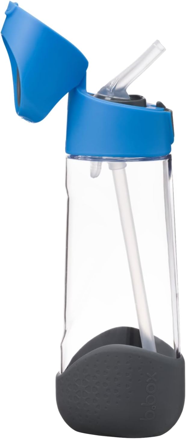 b.box 20oz Tritan Kids Water Bottle –Toddler Drink Bottle with Straw for School, Daycare, Travel w/Easy-Grip Triangular Design, Leak Proof Lid & Handle, BPA Free, Dishwasher Safe (Blue Slate)