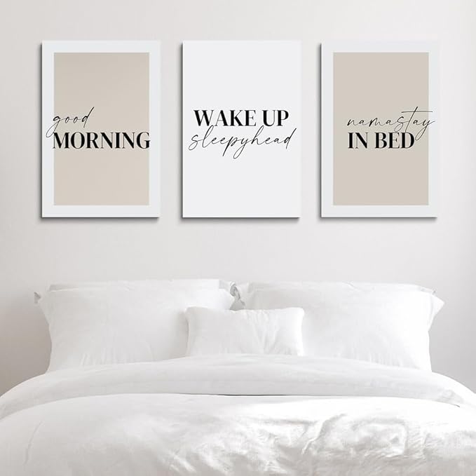GUBIYU Bedroom Prints Set of 3, Above Bed Decor, Good Morning Namastay in Bed - Image 2