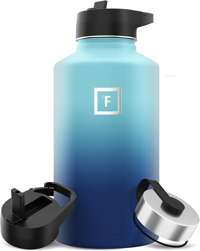IRON °FLASK Camping & Hiking Hydration Flask with Straw, Wide Mouth Insulated Stainless Steel Sports Water Bottle - 64 oz Blue Waves