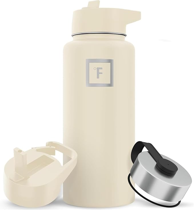 IRON °FLASK Camping & Hiking Hydration Flask with Straw, Wide Mouth Insulated Stainless Steel Sports Water Bottle - 32 oz Cashmere Cream