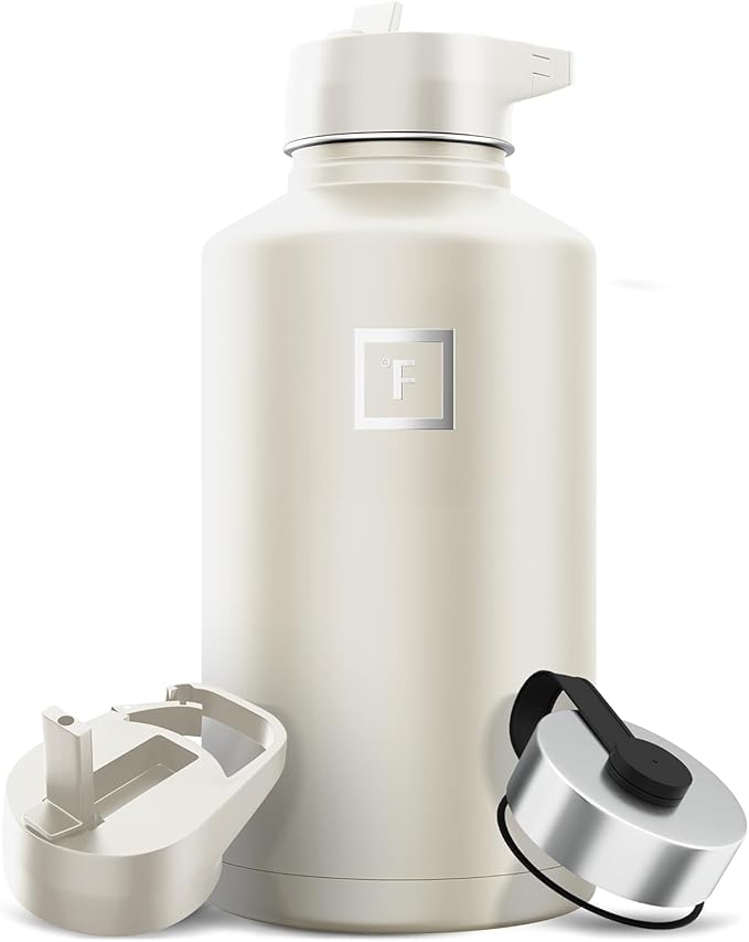 IRON °FLASK Camping & Hiking Hydration Flask with Straw, Wide Mouth Insulated Stainless Steel Sports Water Bottle - 64 oz Cashmere Cream