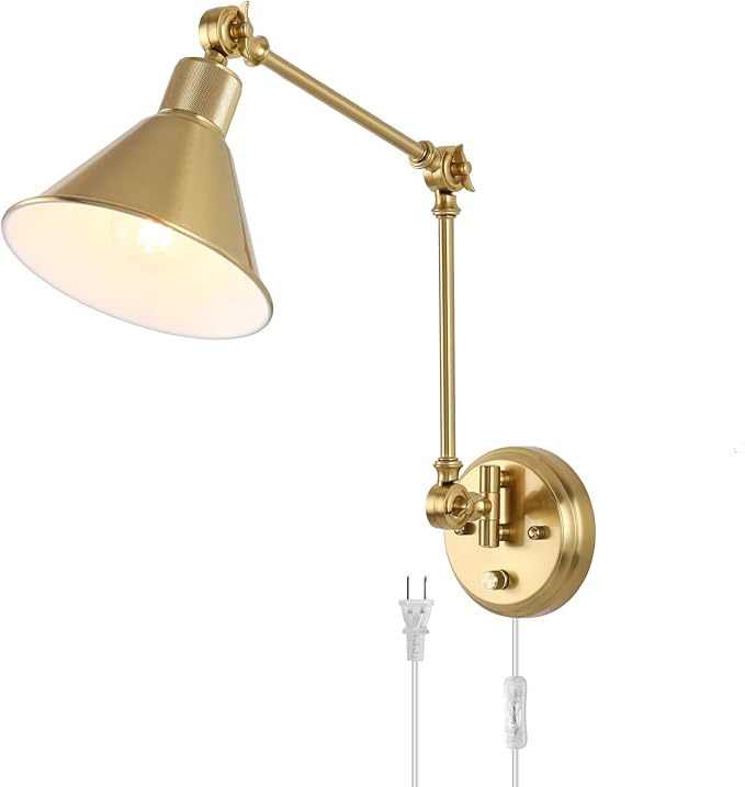 TRLIFE Wall Sconce Plug in, Brushed Brass Dimmable Wall Sconce Swing Arm Wall by TRLIFE