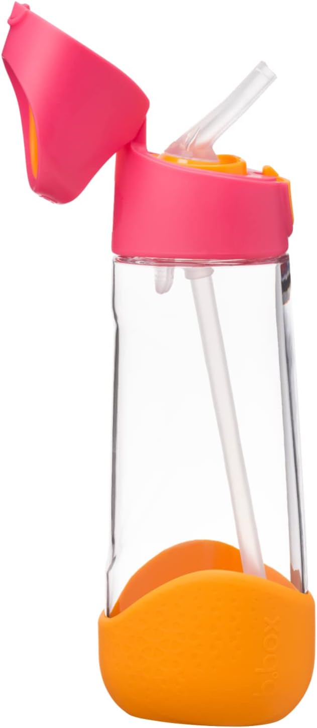b.box 20oz Tritan Kids Water Bottle –Toddler Drink Bottle with Straw for School, Daycare, Travel w/Easy-Grip Triangular Design, Leak Proof Lid & Handle, BPA Free, Dishwasher Safe (Strawberry Shake)