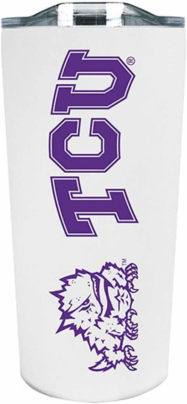 Campus Colors NCAA Stainless Steel Tumbler perfect for Gameday - 18 oz - Double Walled - Keeps Drinks Perfectly Insulated (TCU Horned Frogs - White)