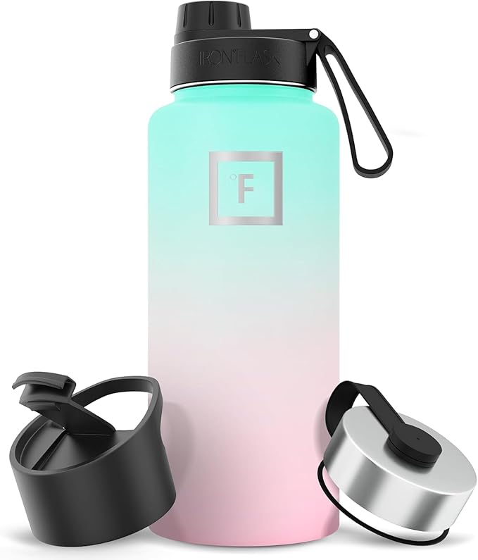 IRON °FLASK Camping & Hiking Hydration Flask with Spout, Wide Mouth Insulated Stainless Steel Sports Water Bottle - 32 oz Bubble Gum