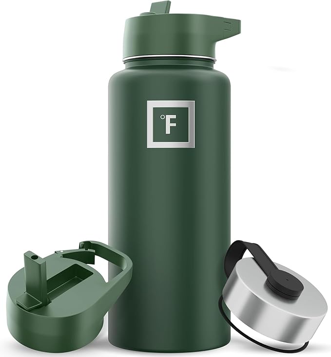IRON °FLASK Camping & Hiking Hydration Flask with Straw, Wide Mouth Insulated Stainless Steel Sports Water Bottle - 32 oz Sage