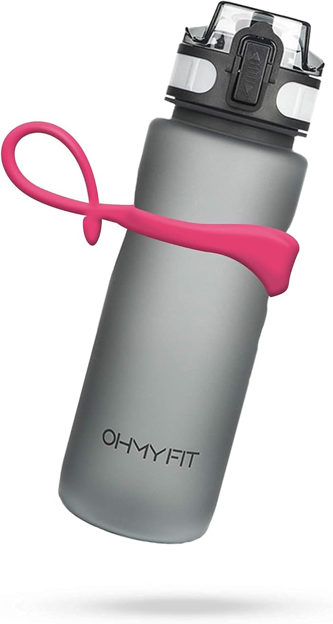 Tritan Sports Water Bottle with Magnetic Silicone Carry Strap & One Click Open Cap - Magnetic Drink Holder for Metal Equipment - Bottle w/Straps for Backpack, Belt & More (30oz, Fuchsia)
