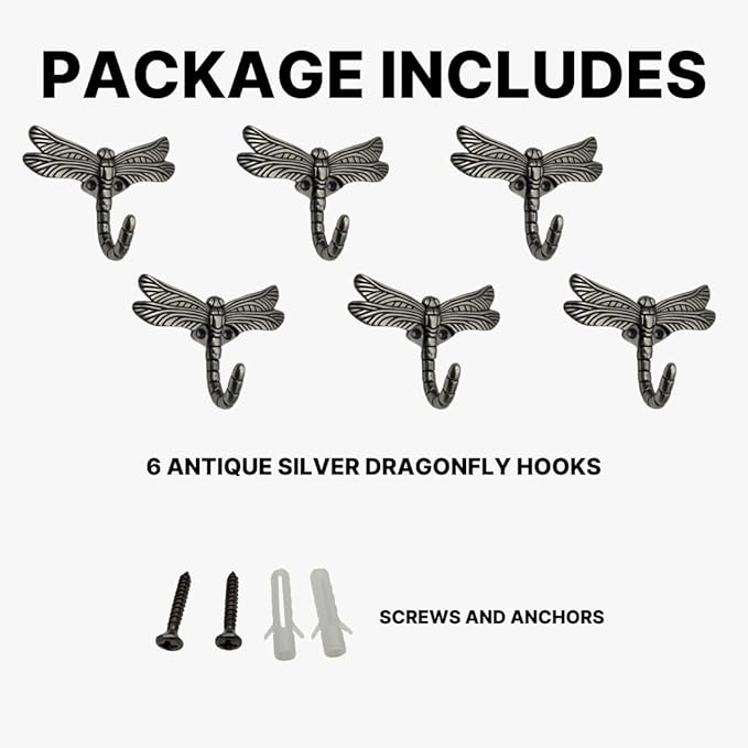 6 pcs Antique Silver Dragonfly Decorative Wall Hooks - Image 4