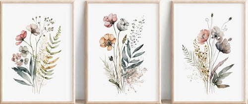 3Pcs Wood Framed Botanical Canvas Wall Art Wildflower Prints Floral Painting by NCYEL