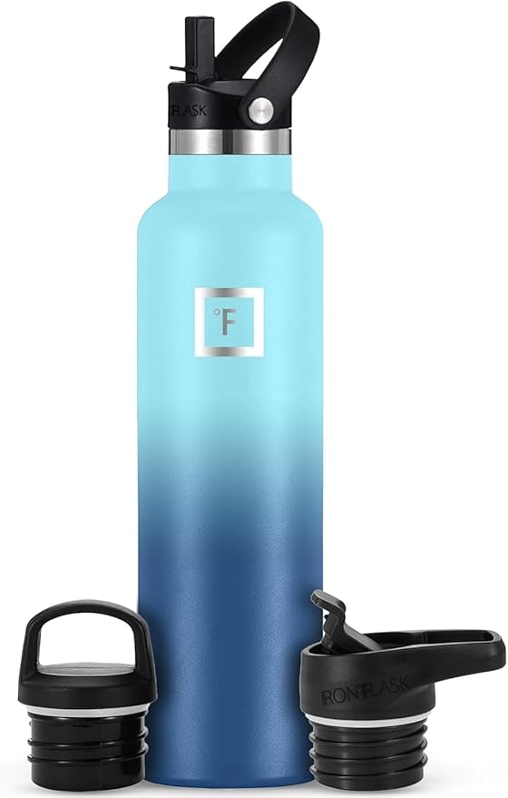 IRON °FLASK Camping & Hiking Hydration Flask with Straw, BPA-Free Insulated Stainless Steel Sports Water Bottle - 24 oz Blue Waves
