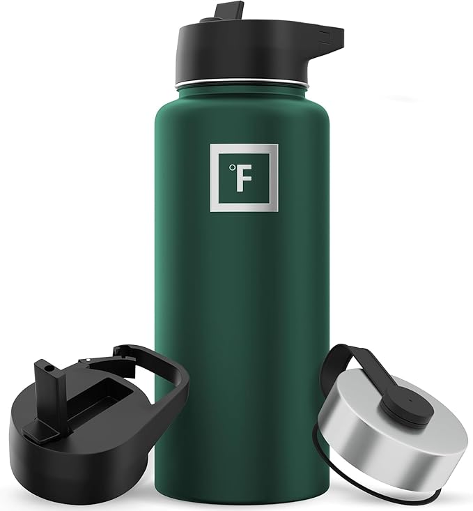 IRON °FLASK Camping & Hiking Hydration Flask with Straw, Wide Mouth Insulated Stainless Steel Sports Water Bottle - 32 oz Dark Pine