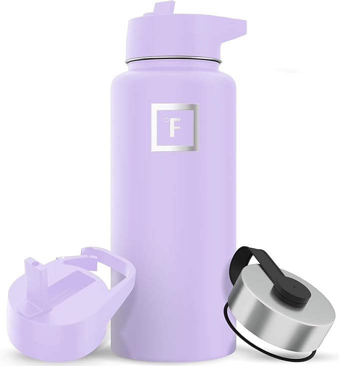 IRON °FLASK Camping & Hiking Hydration Flask with Straw, Wide Mouth Insulated Stainless Steel Sports Water Bottle - 32 oz Lavender