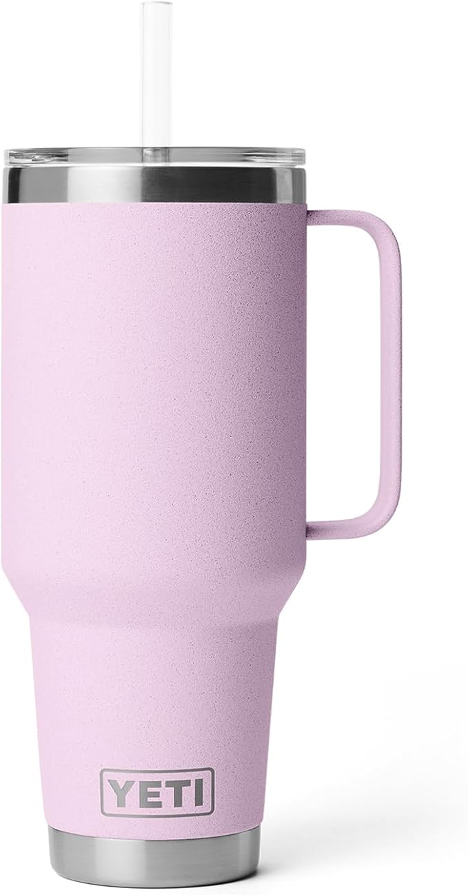 YETI Rambler 42 oz Tumbler with Handle and Straw Lid, Travel Mug Water Tumbler, Vacuum Insulated Cup with Handle, Stainless Steel, Cherry Blossom - Textured
