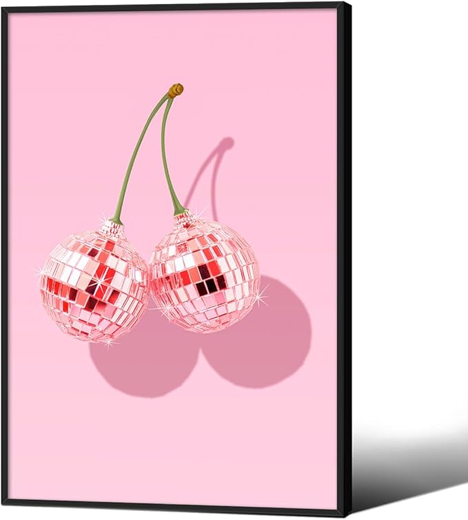 Funky Pink Cherry Poster Retro Disco Ball Canvas Wall Art 16X24 inch Black by Unknown