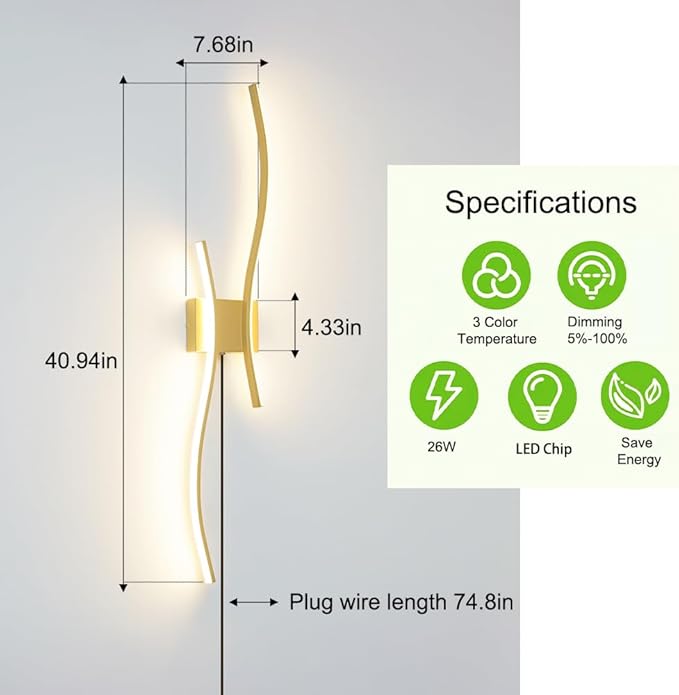 Daunton Modern Gold Plug in Wall Sconces Set of 2 - Image 7