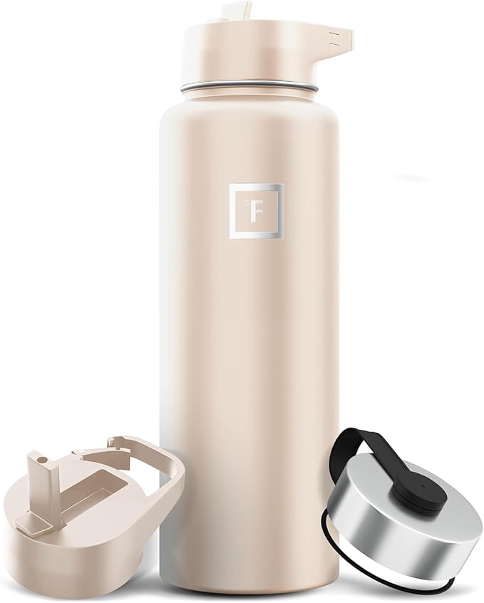 IRON °FLASK Camping & Hiking Hydration Flask with Straw, Wide Mouth Insulated Stainless Steel Sports Water Bottle - 40 oz Sand