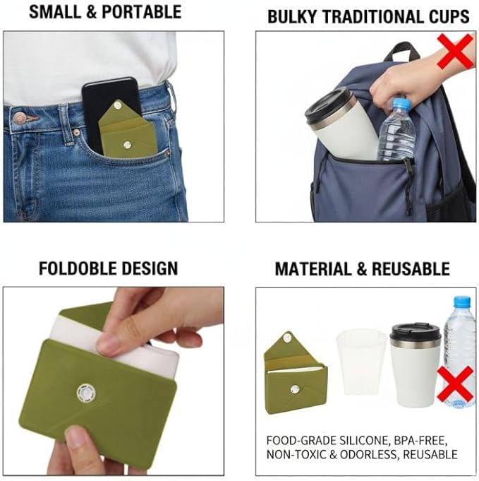 Collapsible Silicone Travel Cup, Olive Green, Foldable Design with Snap Closure, Portable Drinking Container