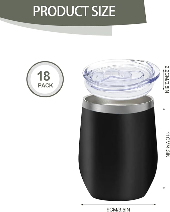 YOUKE OLA 18 Pack Stainless Steel Wine Tumbler with lid, 12oz Insulated Powder Coated Wine Tumbler Stemless Double Wall Vacuum Wine Glass Coffee Tumbler for Laser Engrave, Black