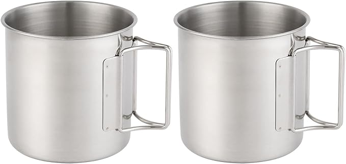 Hikaru Stainless Steel Camping Mugs Outdoors Cup with Foldable Handle 2 Piece Set 660ml/22.3oz Great for Backpacking , Hiking, Hunting, Fishing and Survival Adventure