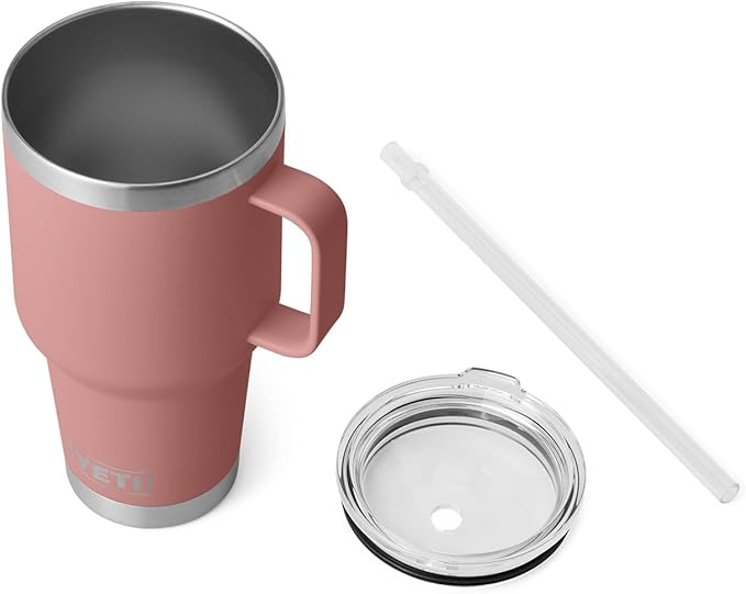 YETI Rambler 35 oz Tumbler with Handle and Straw Lid, Travel Mug Water Tumbler, Vacuum Insulated Cup with Handle, Stainless Steel, Sandstone Pink
