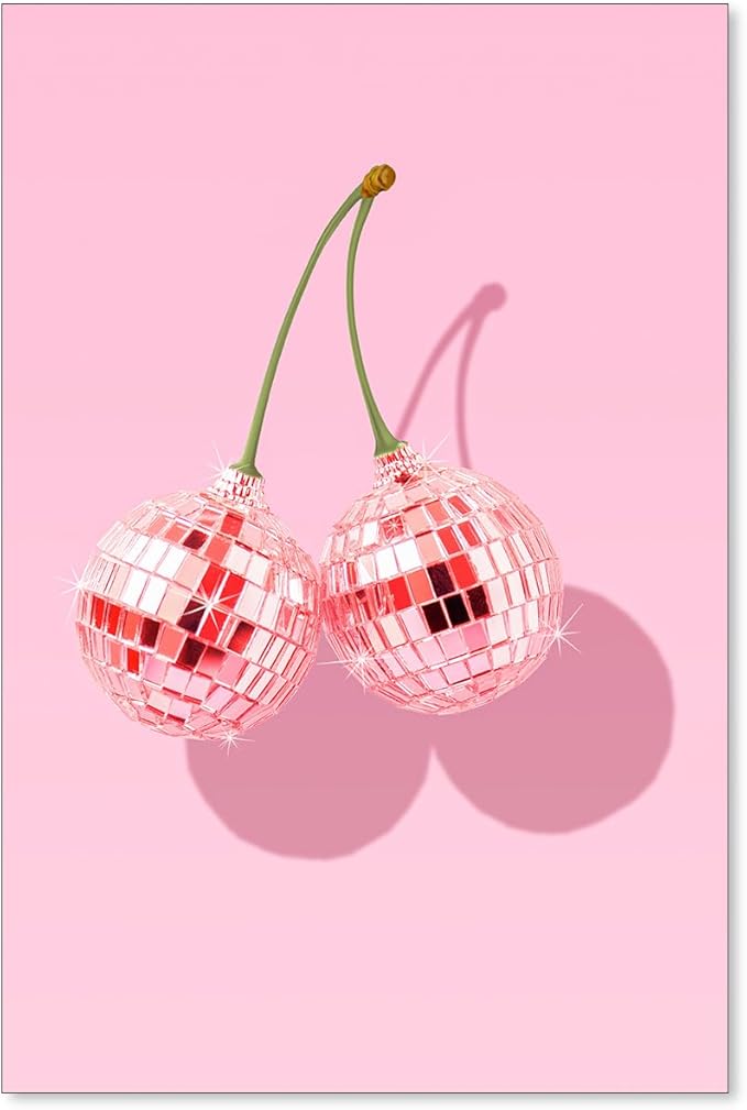 jkahh Funky Pink Cherry Poster Retro Disco Ball Canvas Wall Art Trendy Preppy by Unknown
