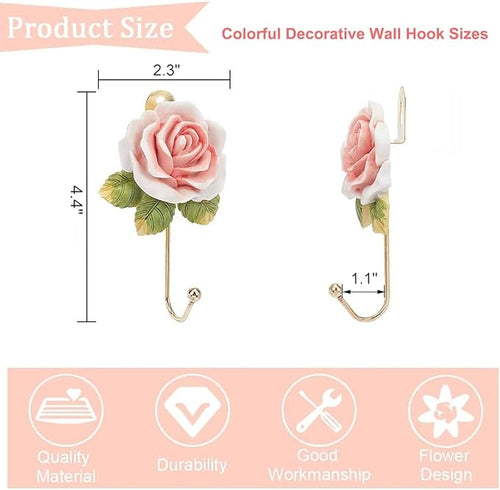 2 Pcs Pink Rose Decorative Wall Hooks, Fancy Resin Flower Towel & Key Hooks - Image 2