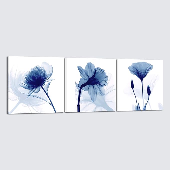Wieco Art Blue Flowers 3 Panels Canvas Print Wall Art Modern Pictures Artwork by WiecoArt
