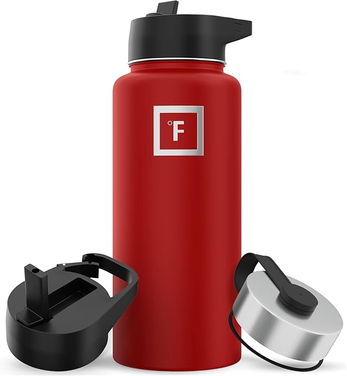IRON °FLASK Camping & Hiking Hydration Flask with Straw, Wide Mouth Insulated Stainless Steel Sports Water Bottle - 32 oz Fire Red