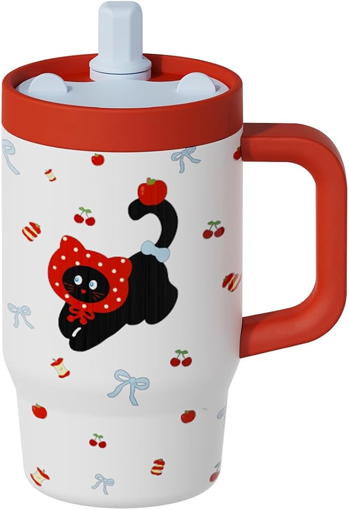 ZZT Cute 27 OZ Ceramic Coated Interior Tumbler with Handle and Straw,Leak Proof,Easy To Clean,Direct drinking/Straw Sippy Cup, Insulated Travel Mug,Gifts for School,Work,Home (Black Cat)