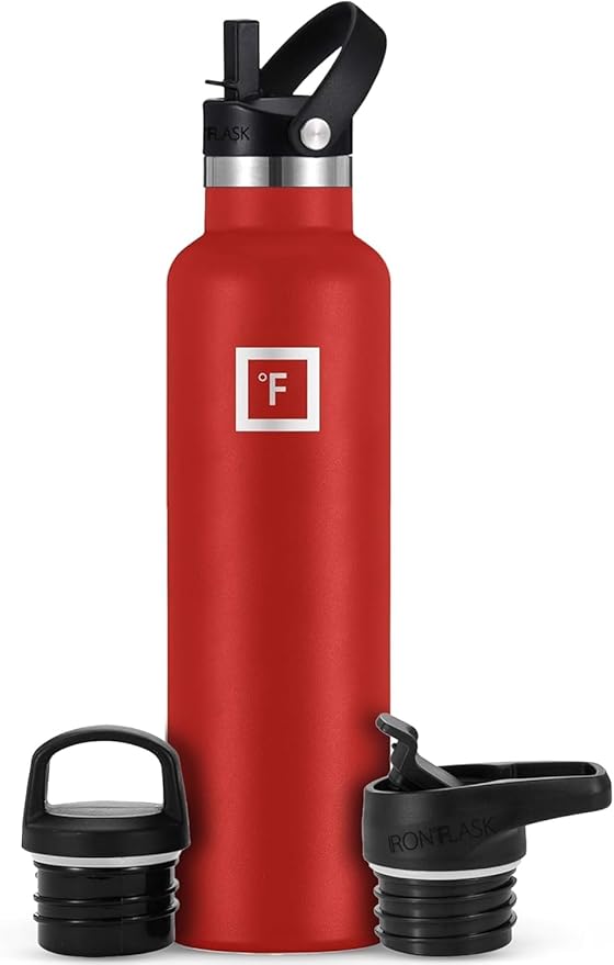 IRON °FLASK Camping & Hiking Hydration Flask with Straw, BPA-Free Insulated Stainless Steel Sports Water Bottle - 24 oz Fire Red