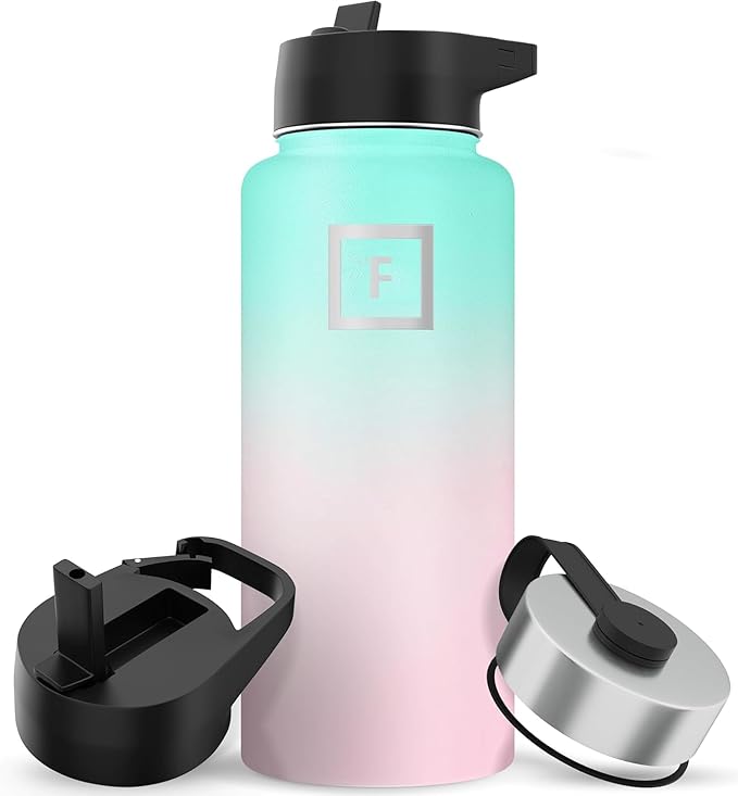 IRON °FLASK Camping & Hiking Hydration Flask with Straw, Wide Mouth Insulated Stainless Steel Sports Water Bottle - 32 oz Bubble Gum