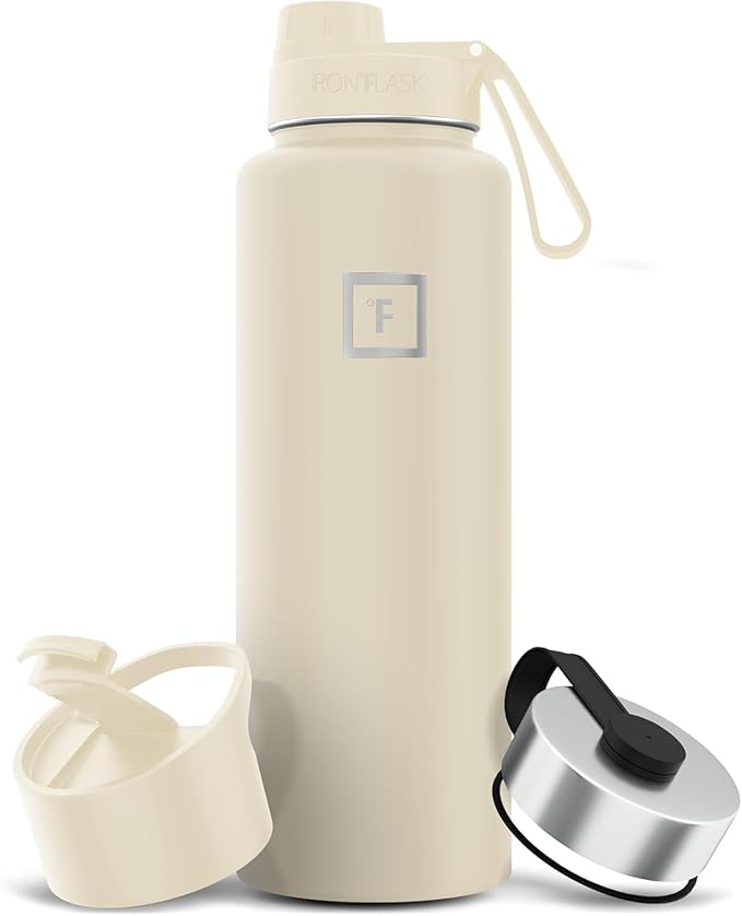 IRON °FLASK Camping & Hiking Hydration Flask with Spout, Wide Mouth Insulated Stainless Steel Sports Water Bottle - 40 oz Cashmere Cream