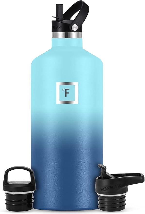 IRON °FLASK Camping & Hiking Hydration Flask with Straw, BPA-Free Insulated Stainless Steel Sports Water Bottle - 64 oz Blue Waves