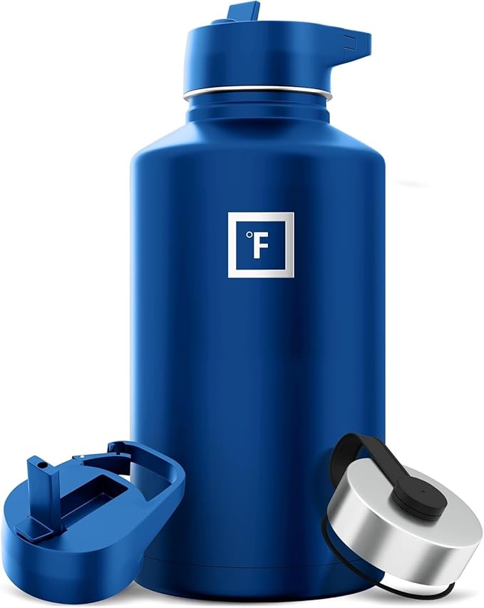 IRON °FLASK Camping & Hiking Hydration Flask with Straw, Wide Mouth Insulated Stainless Steel Sports Water Bottle - 64 oz Cobalt